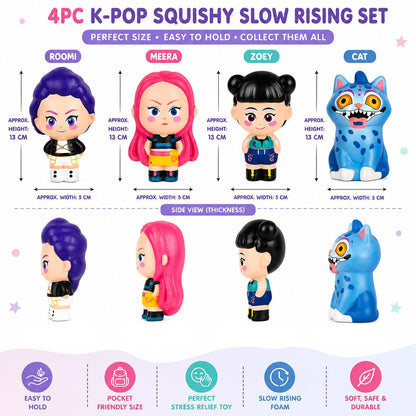 K Pop Demon Hunters Squishy Set of 4 – Rumi, Meera, Zoey & Blue Cat Slow Rising Stress Relief Squeeze Toys for Kids, Teens & Adults
