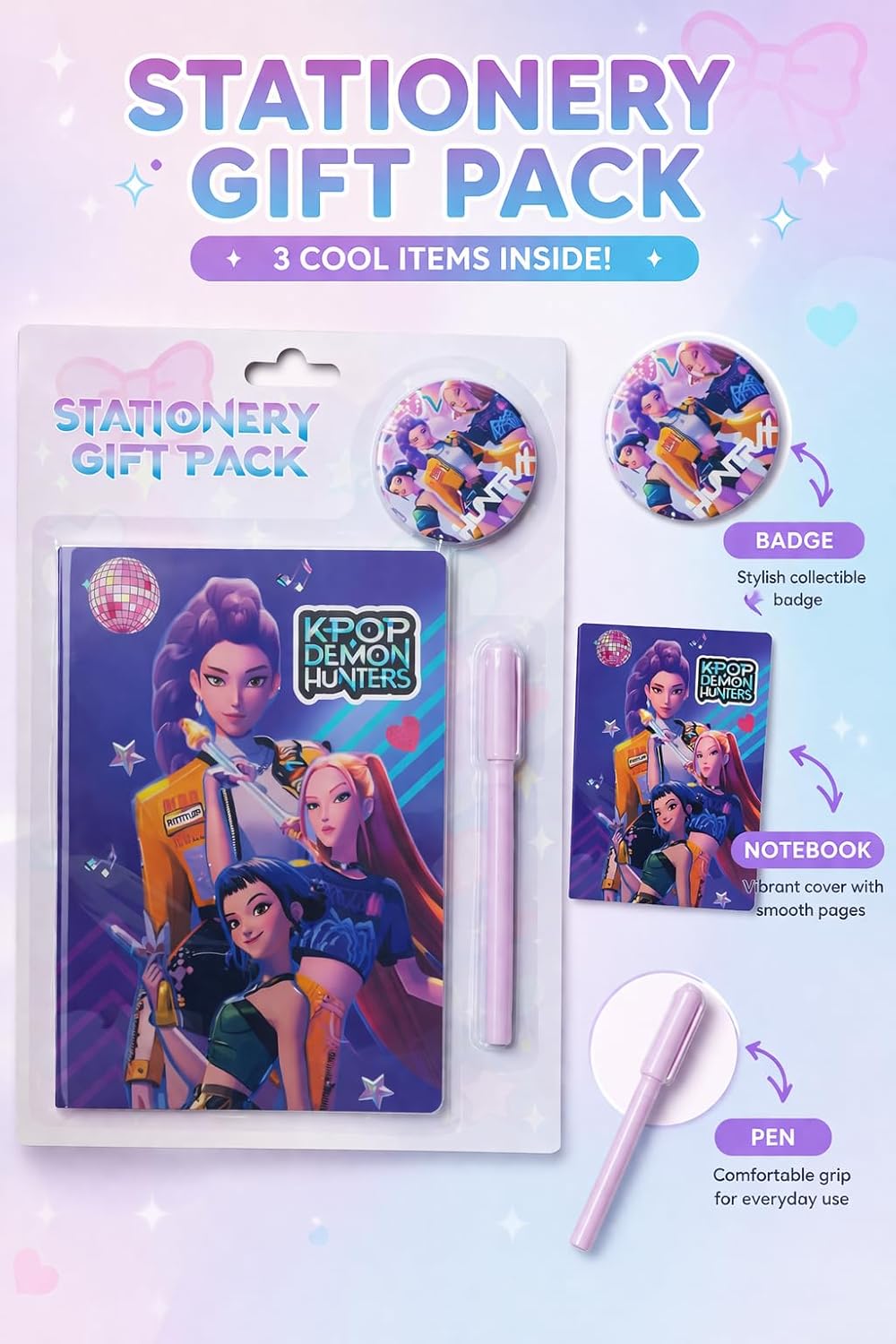 K POP Demon Hunters Stationery Gift Pack for Kids – Cute Notebook, Pen & Badge Set | Cartoon Theme Study Kit | Gift for Girls Boys Students