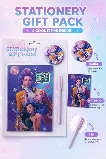 K POP Demon Hunters Stationery Gift Pack for Kids – Cute Notebook, Pen & Badge Set | Cartoon Theme Study Kit | Gift for Girls Boys Students