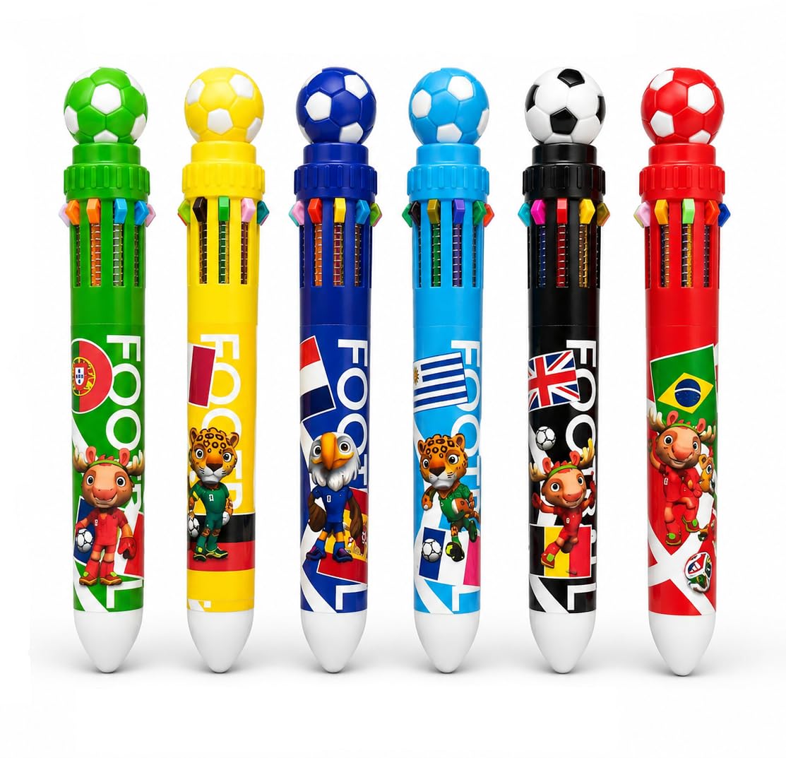 10-in-1 Football Theme Multicolor Pen Set of 6 | 10 Color Ball Pens for Kids & Adults | Top Novelty Pen | Smooth Writing Retractable Color Pen | School Stationery, Return Gifts