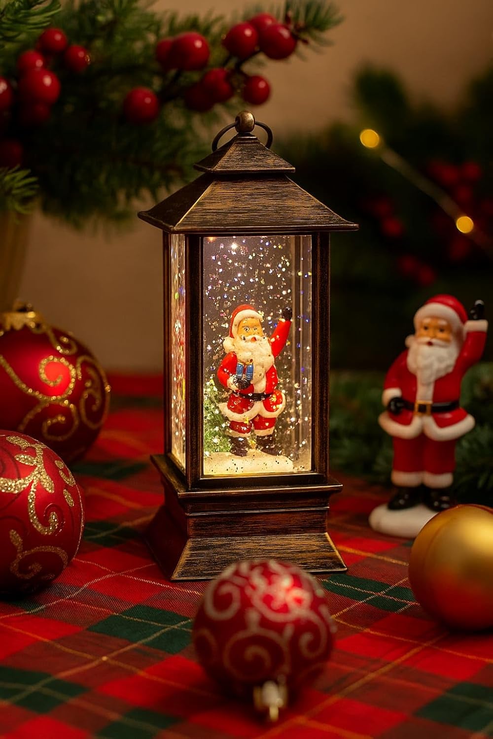 Christmas Snow Globe Lantern with Santa Figurine | 14 cm Lighted Christmas Decoration, Glitter Lantern, Festive Xmas Tabletop Decor, (Only Light, No Music)