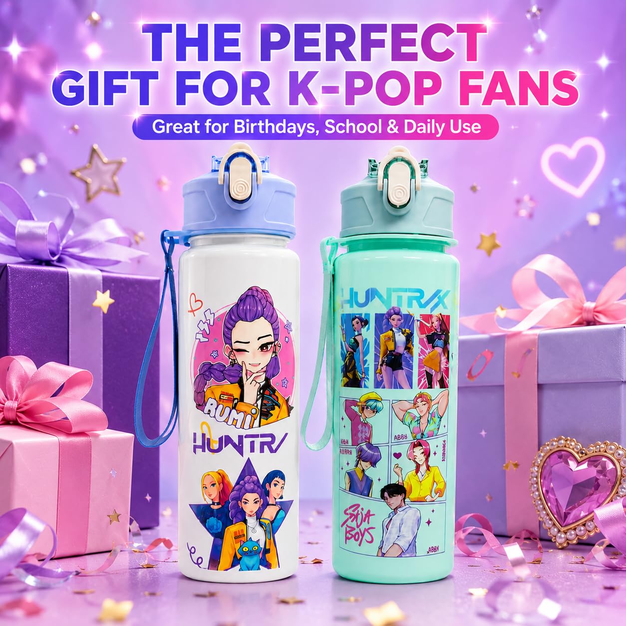 K Pop Demon Hunters Water Bottle Set of 2 | 650ML Leakproof Straw Water Bottles for Kids & Teens