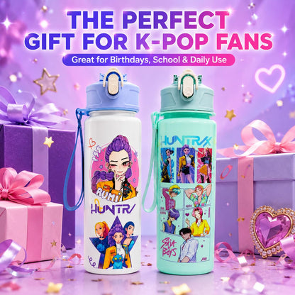 K Pop Demon Hunters Water Bottle Set of 2 | 650ML Leakproof Straw Water Bottles for Kids & Teens