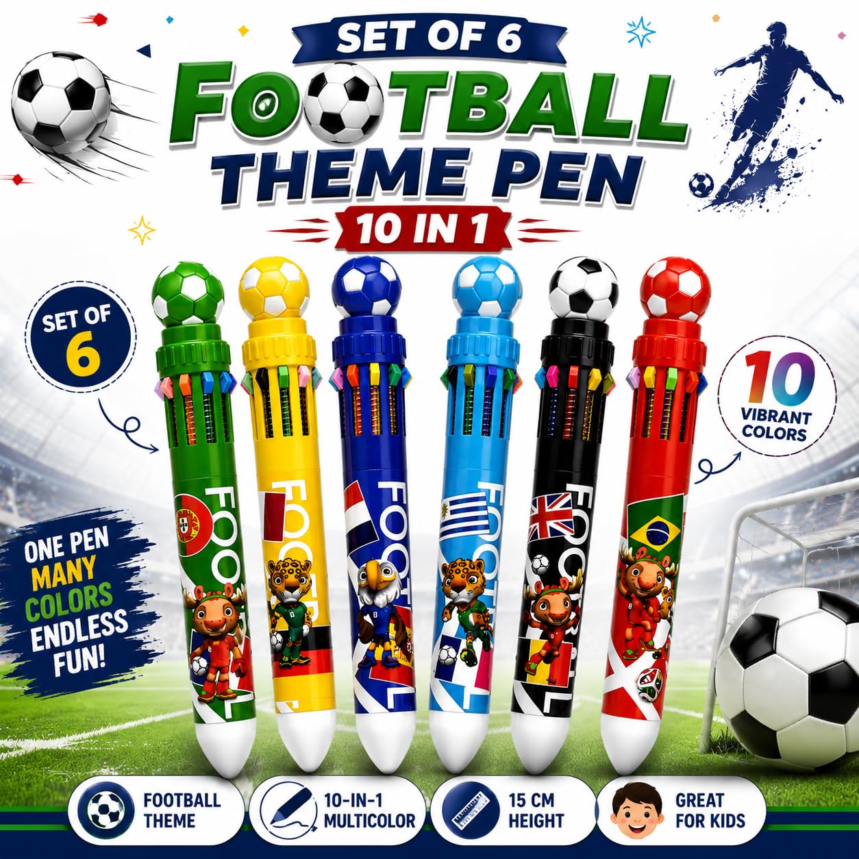10-in-1 Football Theme Multicolor Pen Set of 6 | 10 Color Ball Pens for Kids & Adults | Top Novelty Pen | Smooth Writing Retractable Color Pen | School Stationery, Return Gifts