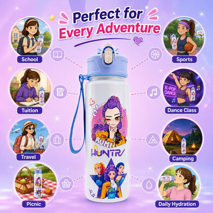 K Pop Demon Hunters Water Bottle for Kids 650ML | Leak Proof Straw Bottle with Carry Strap | Anime K Pop School Water Bottle | BPA Free Sports Bottle