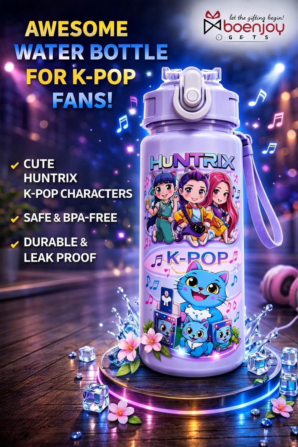 Water Bottle with Straw, Leakproof BPA Free Plastic Bottle, Cute Demon Hunter Design, Portable School Bottle with Strap, 500ml Reusable Drinking Bottle for Boys & Girl (Random Colour)