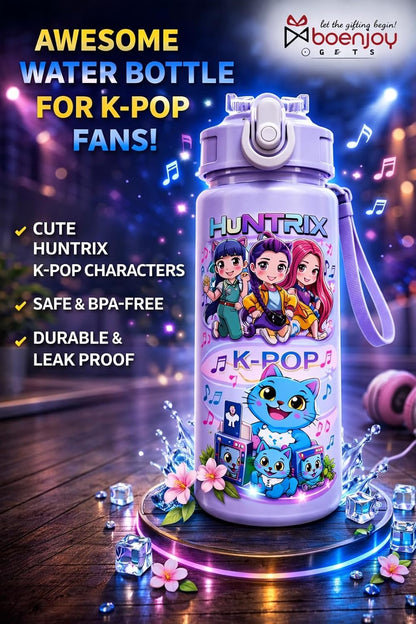 Water Bottle with Straw, Leakproof BPA Free Plastic Bottle, Cute Demon Hunter Design, Portable School Bottle with Strap, 500ml Reusable Drinking Bottle for Boys & Girl (Random Colour)