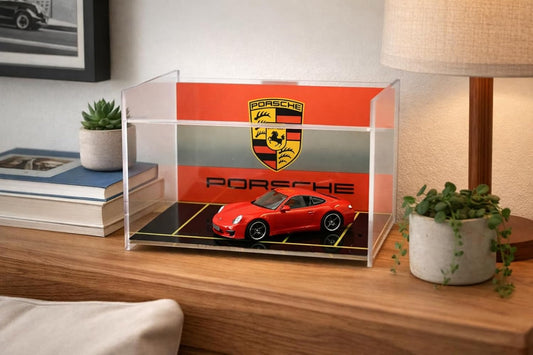 Porsche Acrylic Display Garage Case for Hot Wheels- Clear Dustproof with Garage Background, Mini Car Display Box- 21x15x13 cm | to be Assembled (Only Display Case, Without Cars, No Light)