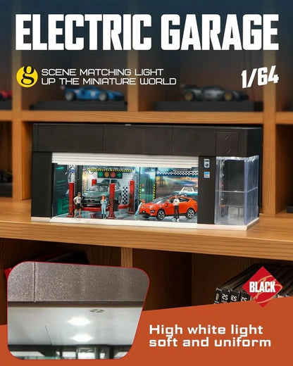Diecast Car Display Garage 1:64 Scale with LED Lighting & Voice Control | Stackable Storage Case with 3 Changeable Diorama Scenes (Black)