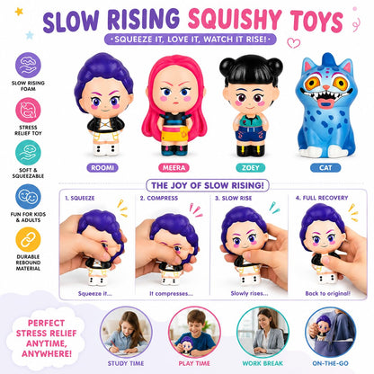K Pop Demon Hunters Squishy Set of 4 – Rumi, Meera, Zoey & Blue Cat Slow Rising Stress Relief Squeeze Toys for Kids, Teens & Adults