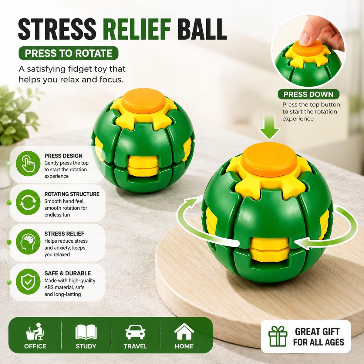 Press & Spin Gyroscopic Spinner Ball Toy – Random Color 1 Pc | Handheld Rotating Stress Relief Toy for Kids & Adults