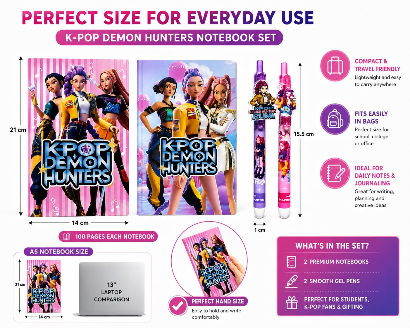K-Pop Demon Hunters Stationery Set, 2 Notebooks with 100 Pages Each and 2 Smooth Gel Pens, Gift for Students and Fans