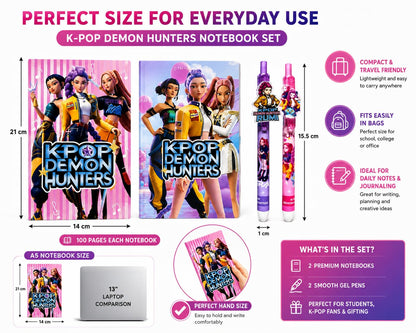 K-Pop Demon Hunters Stationery Set, 2 Notebooks with 100 Pages Each and 2 Smooth Gel Pens, Gift for Students and Fans