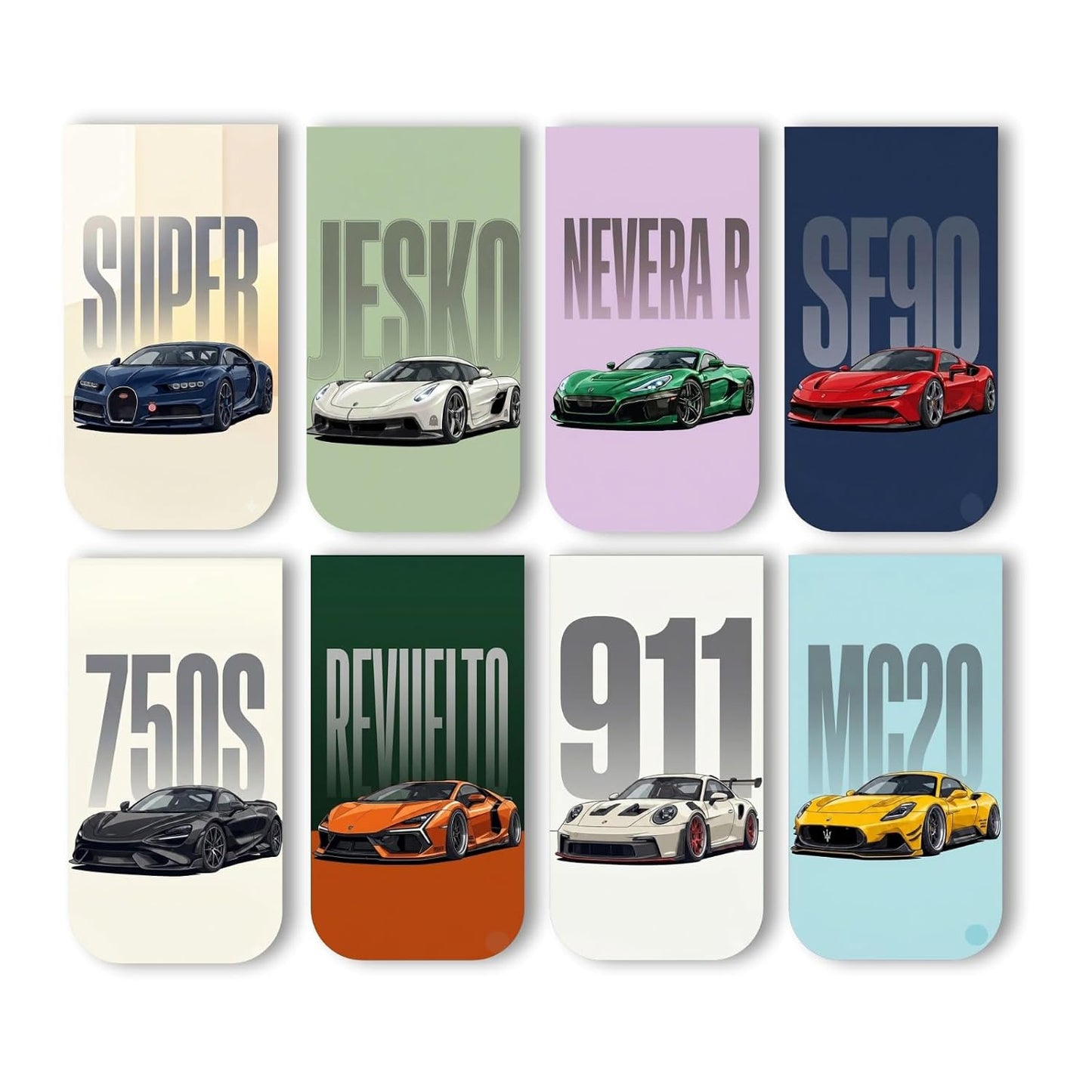 Super Cars Bookmark Set of 10-8 Magnetic Bookmarks + 2 Paper Bookmarks for Book Lovers, Aesthetic Bookmarks, Magnetic Bookmarks for Readers (11 x 2.9 cm)