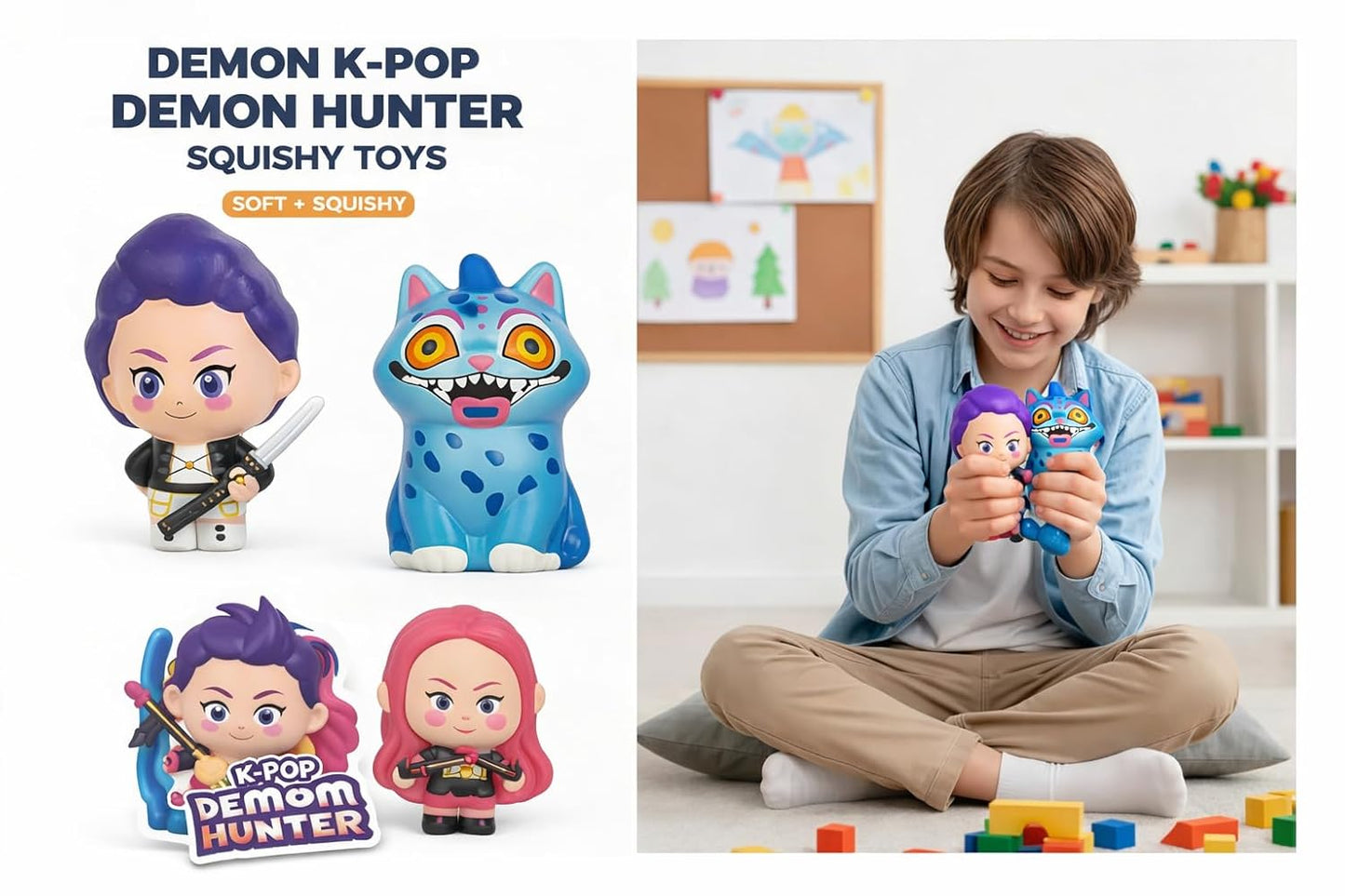 K-POP Demon Hunters Squishy Toys Set of 2 | Stress Relief Squishies for Kids | Soft Slow Rising Squeeze Toys | Mini Collectible Figures, Birthday Return Gifts (Rumi Blue Hair)