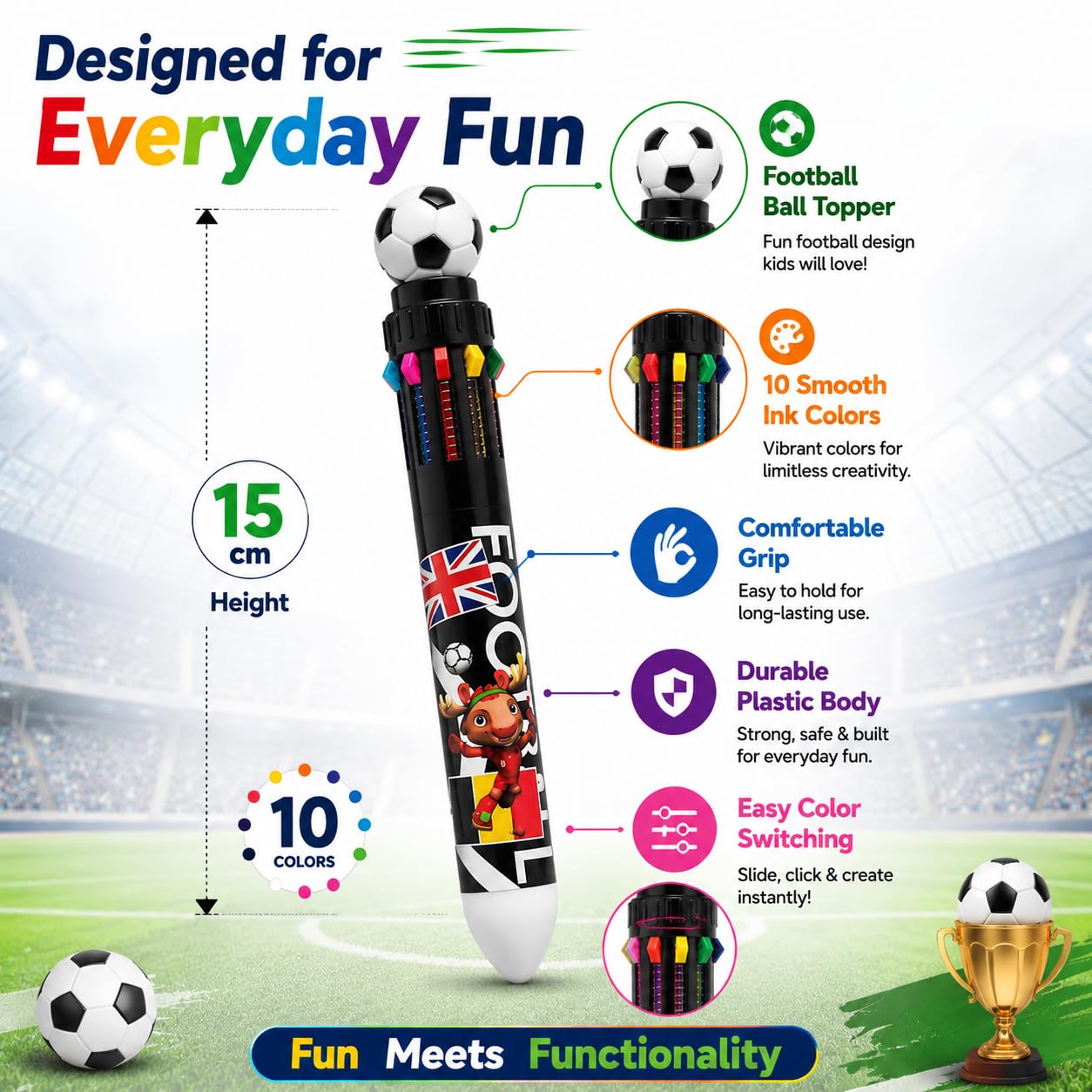 10-in-1 Football Theme Multicolor Pen Set of 6 | 10 Color Ball Pens for Kids & Adults | Top Novelty Pen | Smooth Writing Retractable Color Pen | School Stationery, Return Gifts