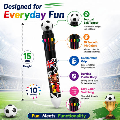 10-in-1 Football Theme Multicolor Pen Set of 6 | 10 Color Ball Pens for Kids & Adults | Top Novelty Pen | Smooth Writing Retractable Color Pen | School Stationery, Return Gifts