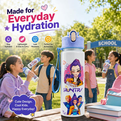 K Pop Demon Hunters Water Bottle for Kids 650ML | Leak Proof Straw Bottle with Carry Strap | Anime K Pop School Water Bottle | BPA Free Sports Bottle