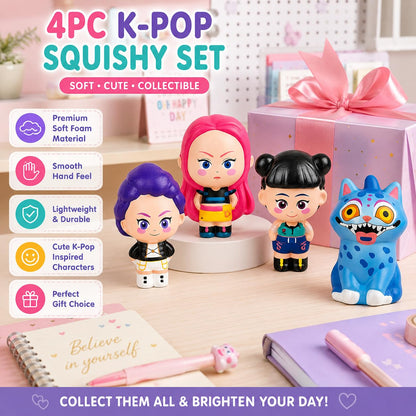 K Pop Demon Hunters Squishy Set of 4 – Rumi, Meera, Zoey & Blue Cat Slow Rising Stress Relief Squeeze Toys for Kids, Teens & Adults