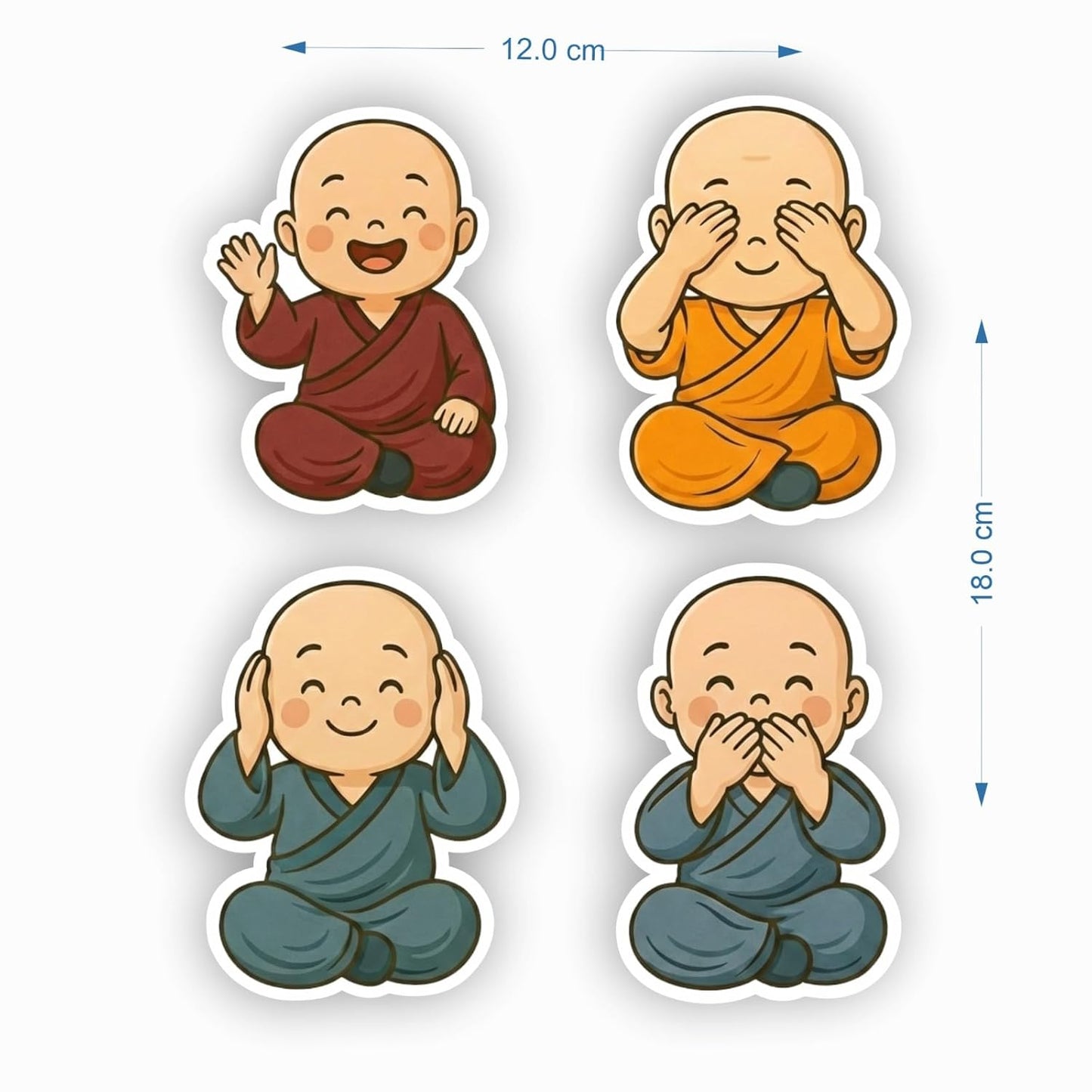 Cute Monk Cartoon MDF Wooden Fridge Magnet Set 4 | See Hear Speak No Evil Design | Decorative Spiritual Magnet for Home & Office