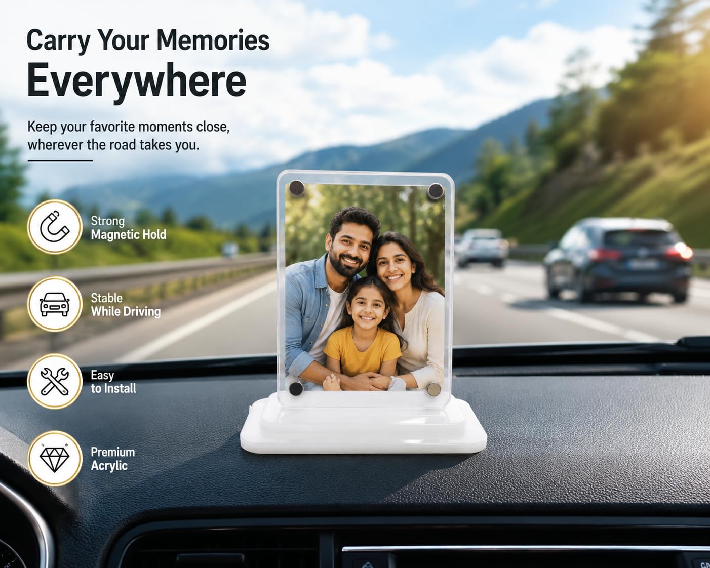 Magnetic Acrylic Photo Frame Stand, Clear Transparent Picture Holder, Easy Photo Change, Double-Sided Tape Included, Desktop Display for Home, Office, Car Dashboard & Gifts