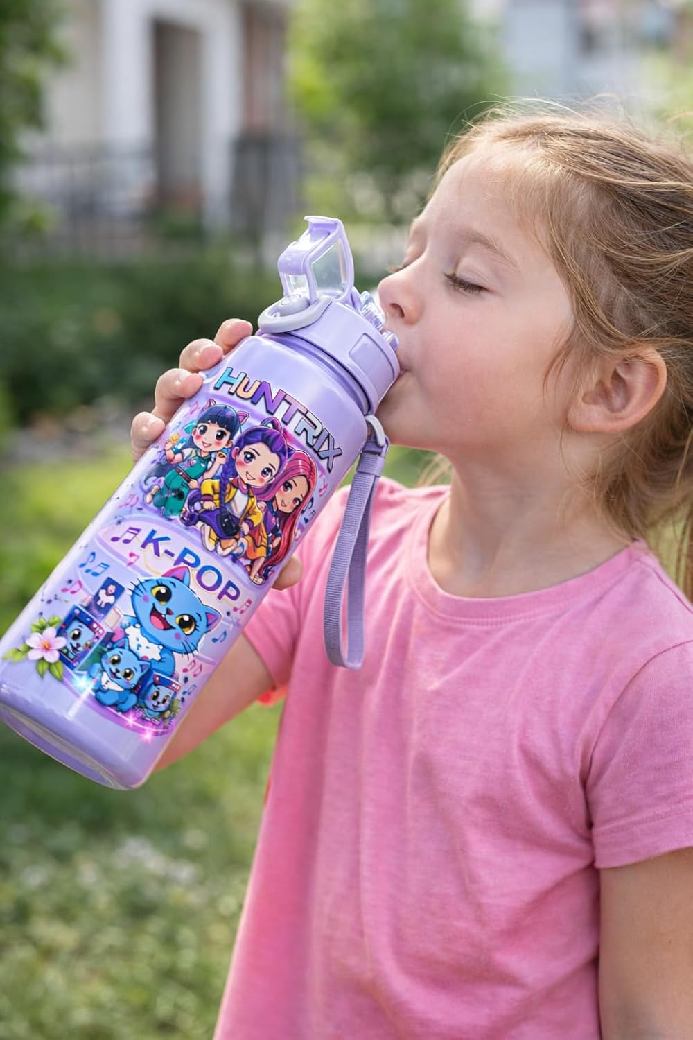Water Bottle with Straw, Leakproof BPA Free Plastic Bottle, Cute Demon Hunter Design, Portable School Bottle with Strap, 500ml Reusable Drinking Bottle for Boys & Girl (Random Colour)