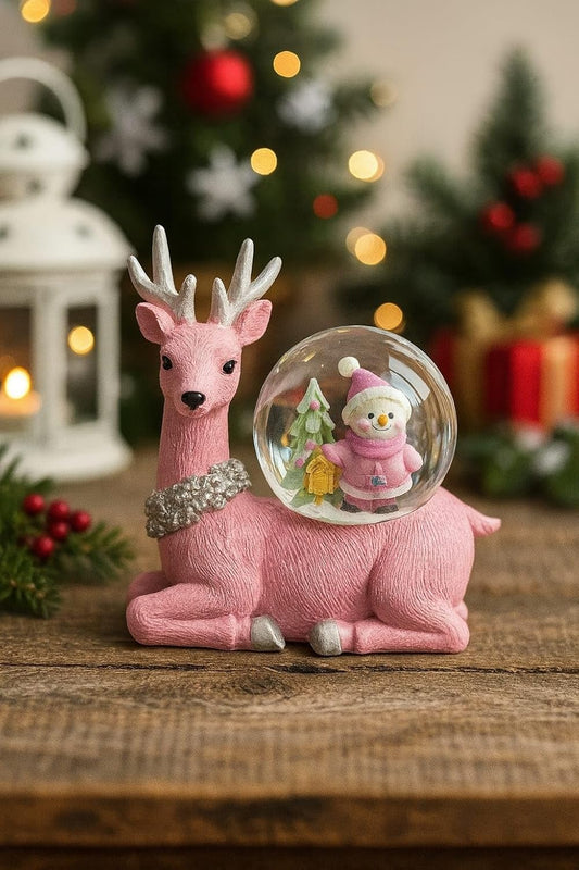 Pink Reindeer Snow Globe, 10 cm Christmas Decoration | NO Light & NO Music | Cute Deer Figurine with Snowman Dome | Festive Xmas Table Dcor for Home, Office & Gifting