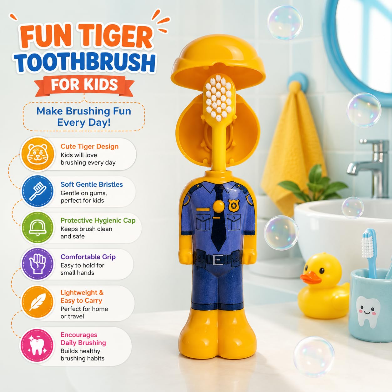 Zootopia Clawhauser Kids Pop-Up Toothbrush | Clawhauser Character Soft Bristle Toothbrush with Protective Cap for kids Boys & Girls
