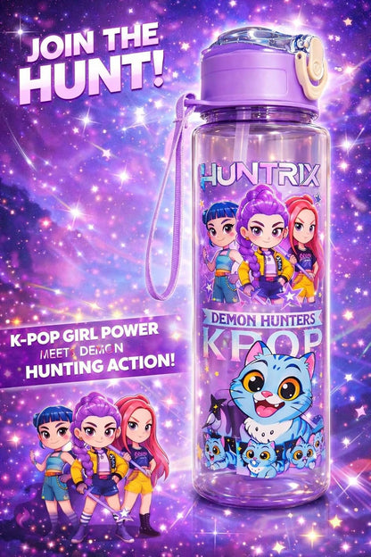 K POP Demon Hunters Water Bottle with Straw, Transparent Bottle, Leakproof BPA-Free Plastic Bottle, School Bottle with Strap, 500 ml, Drinking Bottle for Boys & Girls (1 pc- Random Design)