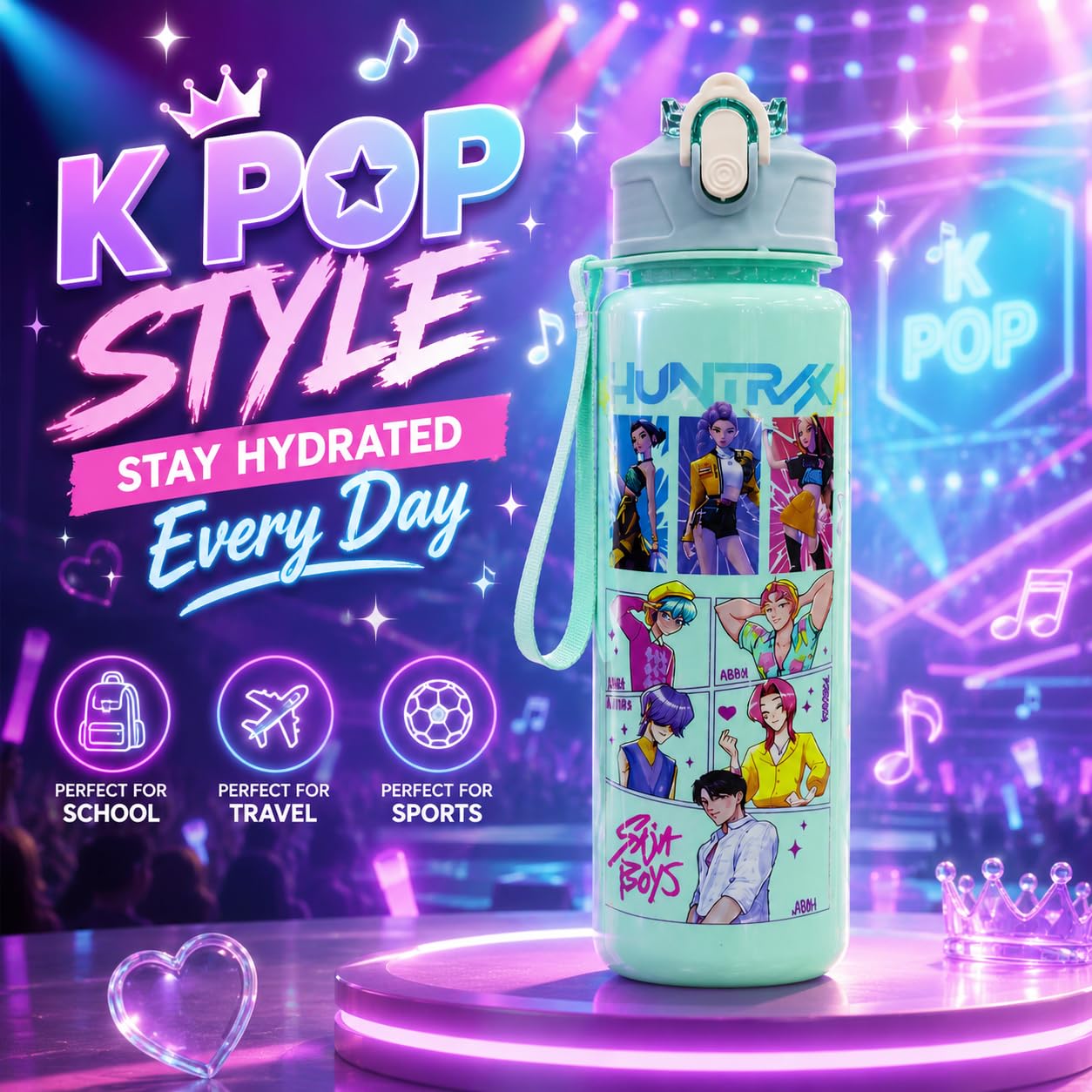 K Pop Demon Hunters Water Bottle for Kids 650ML | Leakproof BPA Free Flip Straw Bottle with Carry Strap | Cute Anime School Water Bottle