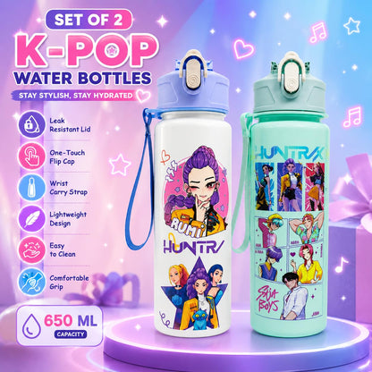 K Pop Demon Hunters Water Bottle Set of 2 | 650ML Leakproof Straw Water Bottles for Kids & Teens