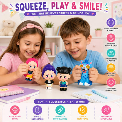 K Pop Demon Hunters Squishy Set of 4 – Rumi, Meera, Zoey & Blue Cat Slow Rising Stress Relief Squeeze Toys for Kids, Teens & Adults