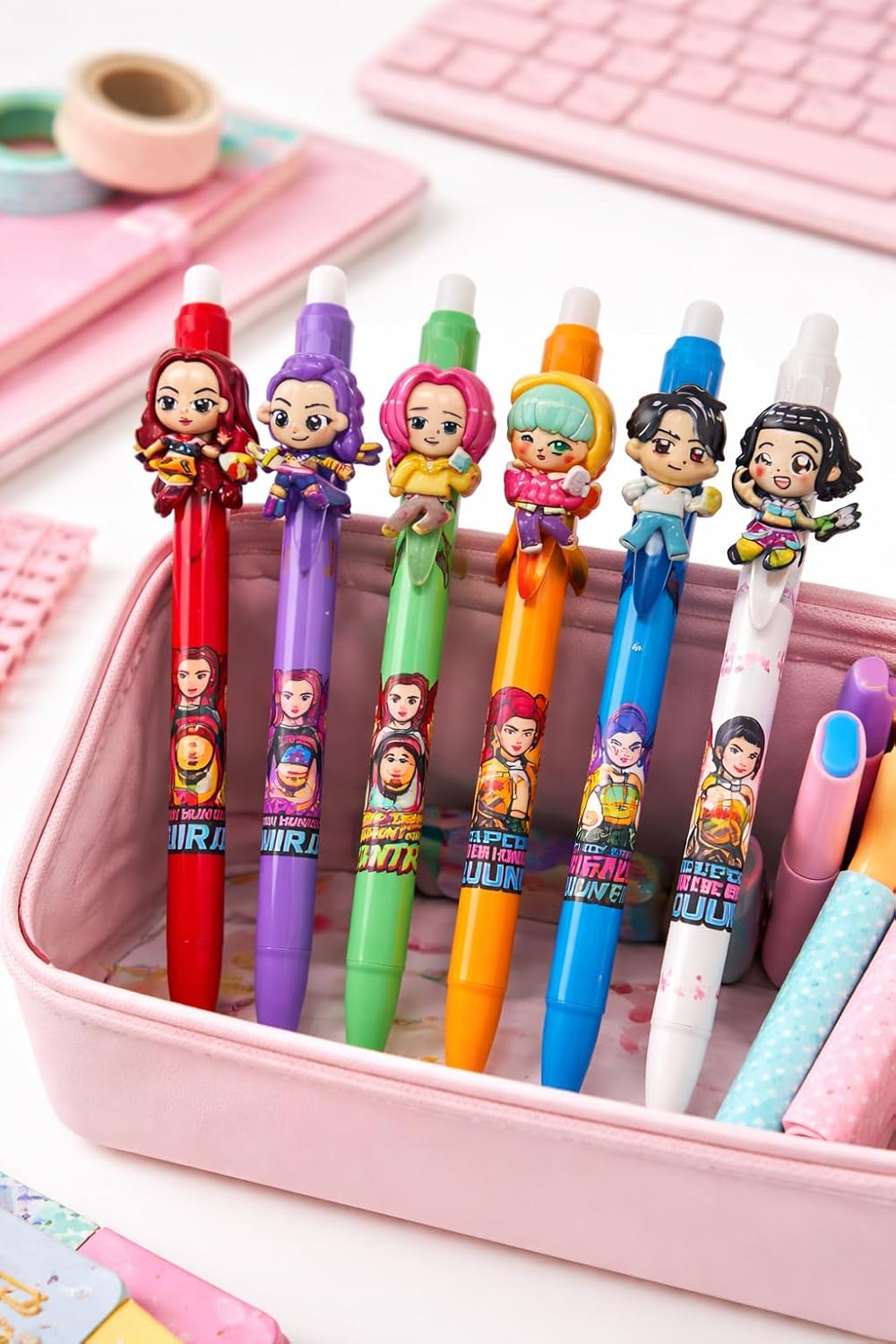 K POP Demon Hunters Ball Pen Set of 6 | Cute Anime Character Pens | Smooth Writing Blue Ink Pens | Cartoon Figure Pens for Kids, Girls, School & Gift Use
