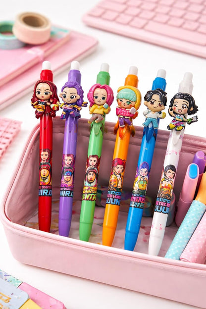 K POP Demon Hunters Ball Pen Set of 6 | Cute Anime Character Pens | Smooth Writing Blue Ink Pens | Cartoon Figure Pens for Kids, Girls, School & Gift Use