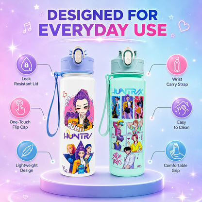 K Pop Demon Hunters Water Bottle Set of 2 | 650ML Leakproof Straw Water Bottles for Kids & Teens