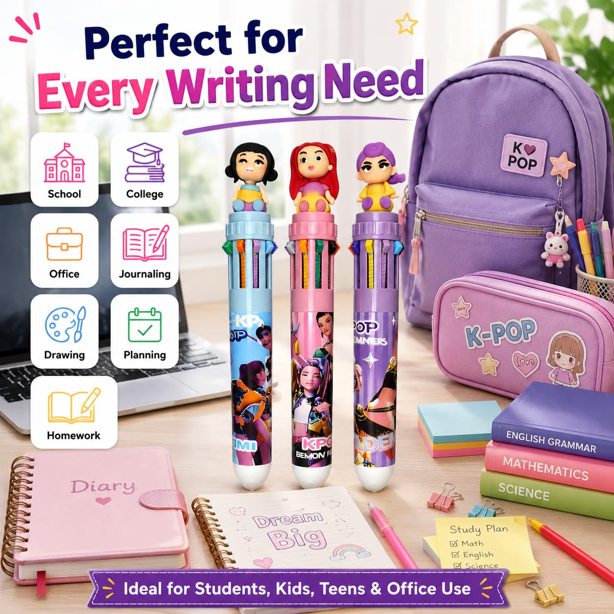 K-Pop Demon Hunters Themed 10-in-1 Multicolor Pen Set of 3 | Cute Character Topper | 10 Color Retractable Ball Pens for School, Office, Journaling & Gifts