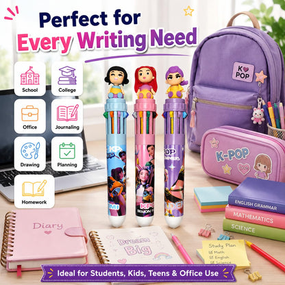 K-Pop Demon Hunters Themed 10-in-1 Multicolor Pen Set of 3 | Cute Character Topper | 10 Color Retractable Ball Pens for School, Office, Journaling & Gifts