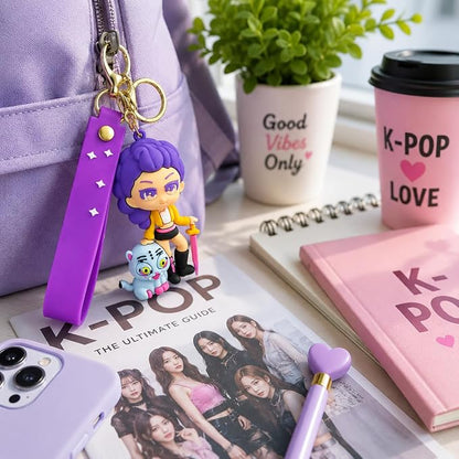 K-Pop Demon Hunters Keychain | Cute 3D Character Silicone Keychain with Wrist Strap for Bags, Backpacks & Keys (Rumi)