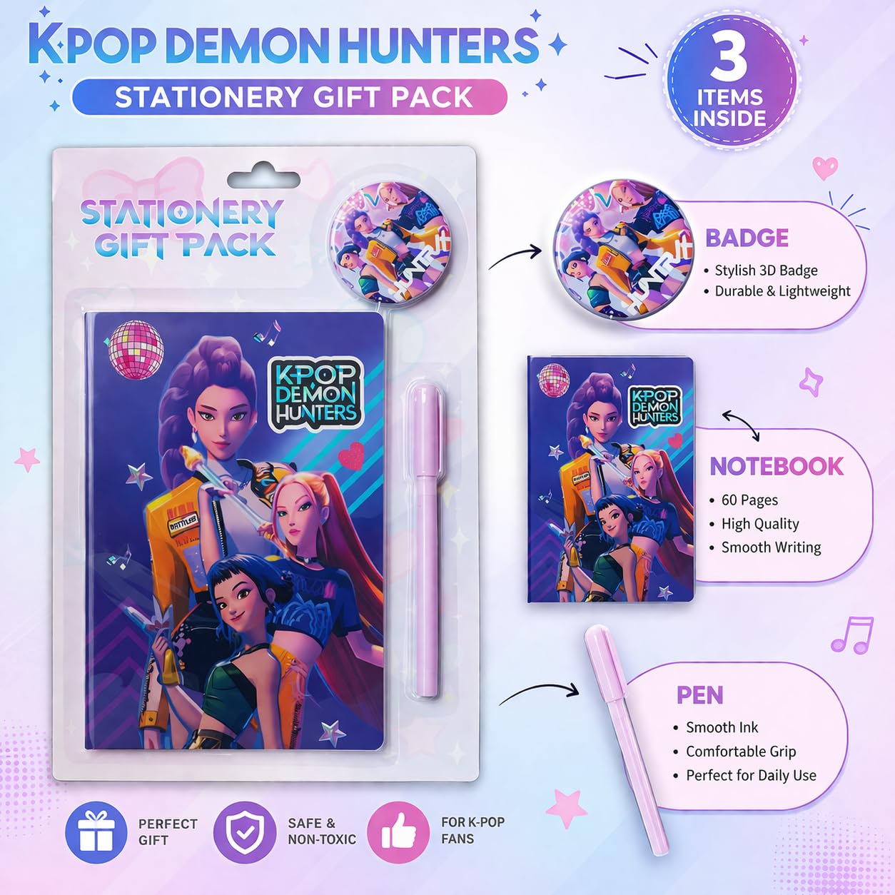 K POP Demon Hunters Stationery Gift Pack for Kids – Cute Notebook, Pen & Badge Set | Cartoon Theme Study Kit | Gift for Girls Boys Students