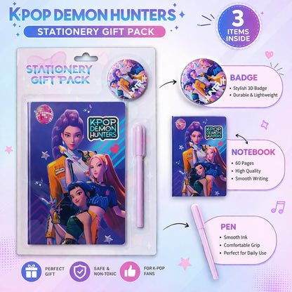 K POP Demon Hunters Stationery Gift Pack for Kids – Cute Notebook, Pen & Badge Set | Cartoon Theme Study Kit | Gift for Girls Boys Students