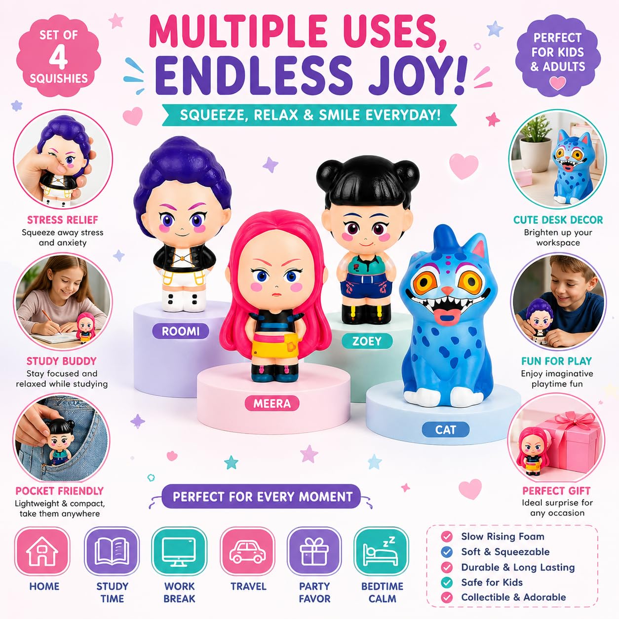 K Pop Demon Hunters Squishy Set of 4 – Rumi, Meera, Zoey & Blue Cat Slow Rising Stress Relief Squeeze Toys for Kids, Teens & Adults