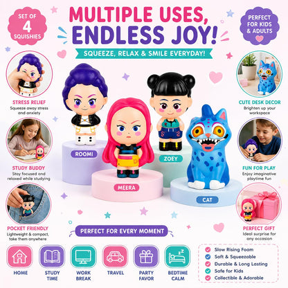 K Pop Demon Hunters Squishy Set of 4 – Rumi, Meera, Zoey & Blue Cat Slow Rising Stress Relief Squeeze Toys for Kids, Teens & Adults