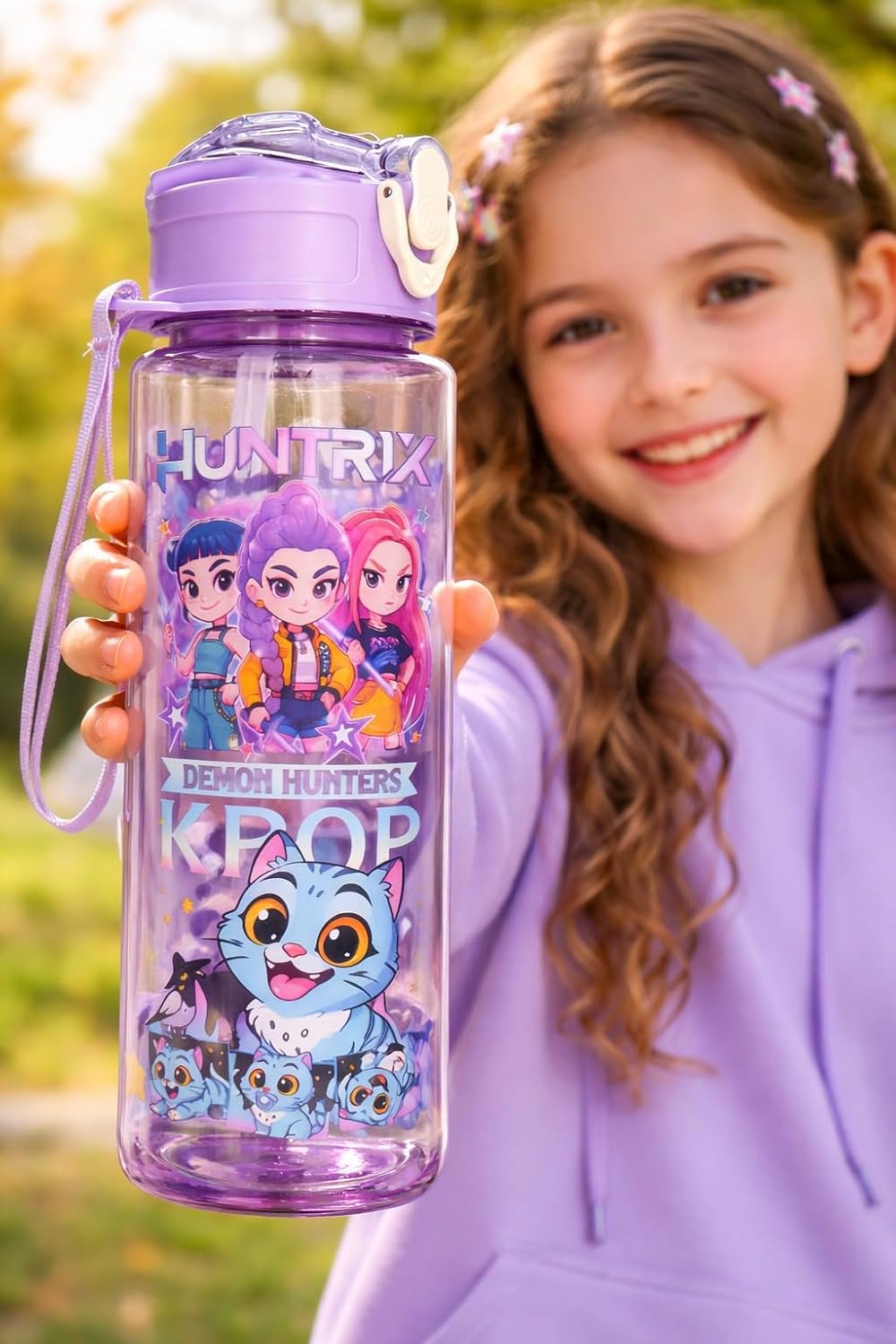 K POP Demon Hunters Water Bottle with Straw, Transparent Bottle, Leakproof BPA-Free Plastic Bottle, School Bottle with Strap, 500 ml, Drinking Bottle for Boys & Girls (1 pc- Random Design)