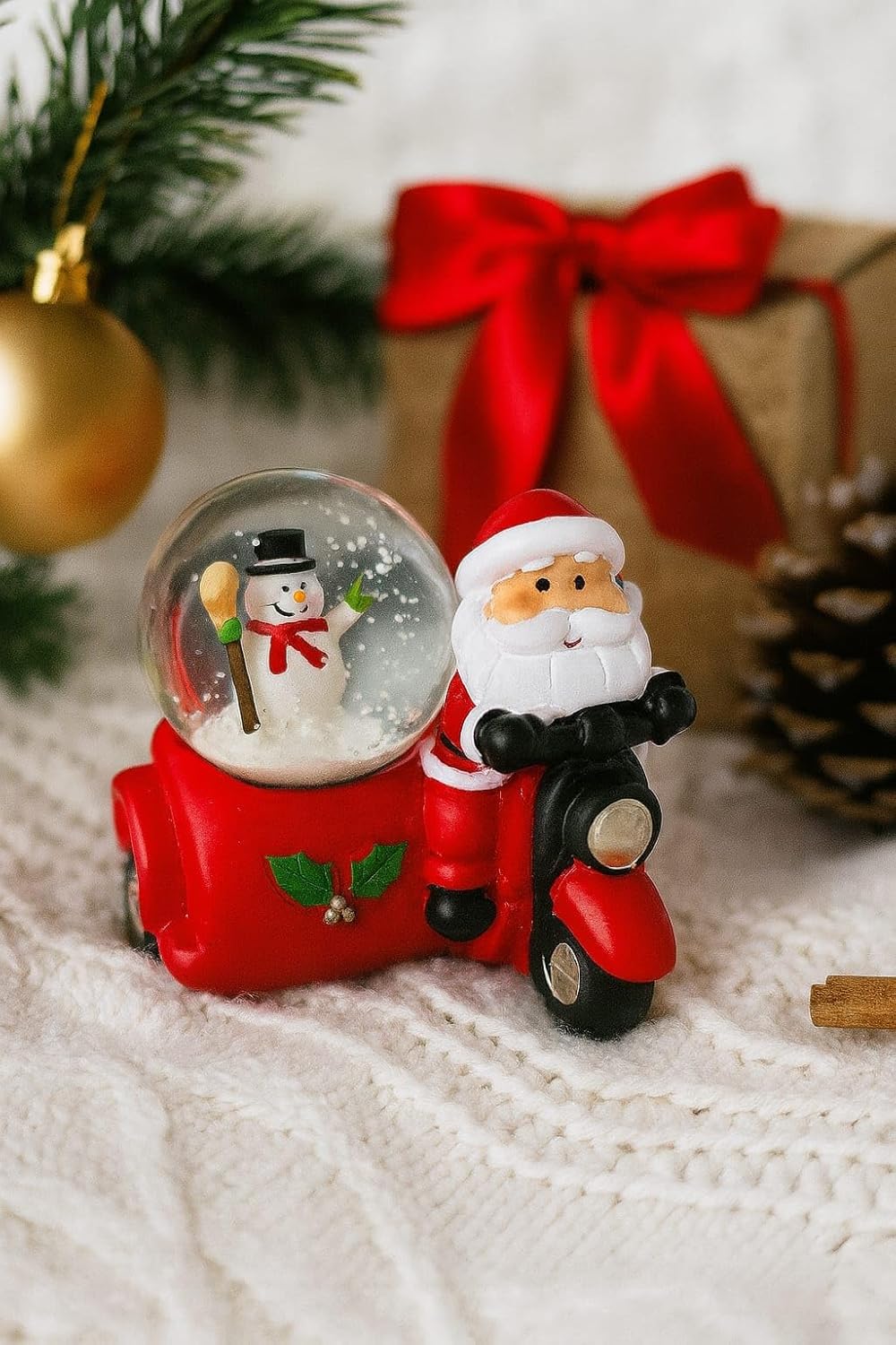 Santa on Bike Snow Globe Showpiece- 8 cm Christmas Decoration | NO Light & NO Music | Cute Snowman Figurine with Snow Dome | Christmas Table Dcor for Home, Office & Gifting