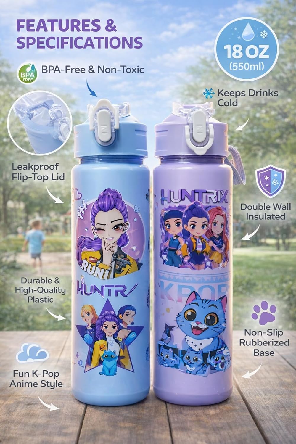 Water Bottle with Straw, Leakproof BPA Free Plastic Bottle, Cute Demon Hunter Design, Portable School Bottle with Strap, 500ml Reusable Drinking Bottle for Boys & Girl (Random Colour)