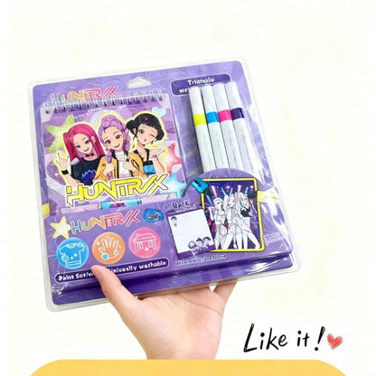 Demon Hunter Kids Coloring Kit with Mini Notebook & Washable Markers-Cute Painting Set for Kids, Travel Drawing Activity Kit for Creative Art Craft Gift (4 Color Markers + Coloring Pad)