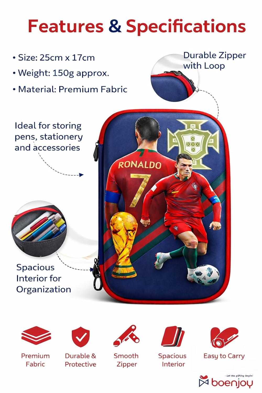 Cristiano Ronaldo Football Theme Zip Pouch | Large Capacity Organizer Case for School, Travel & Accessories | Premium Fabric Zipper Pouch for Boys & Kids | 24 x 17 cm