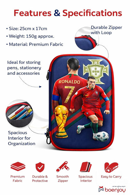 Cristiano Ronaldo Football Theme Zip Pouch | Large Capacity Organizer Case for School, Travel & Accessories | Premium Fabric Zipper Pouch for Boys & Kids | 24 x 17 cm