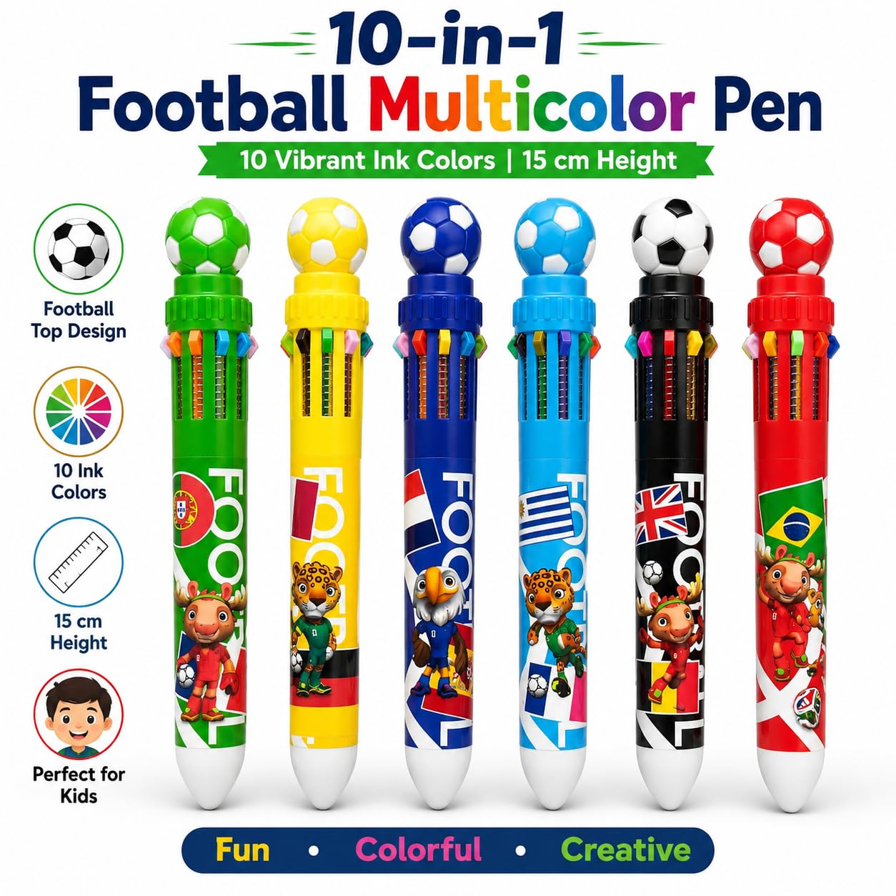 10-in-1 Football Theme Multicolor Pen Set of 6 | 10 Color Ball Pens for Kids & Adults | Top Novelty Pen | Smooth Writing Retractable Color Pen | School Stationery, Return Gifts