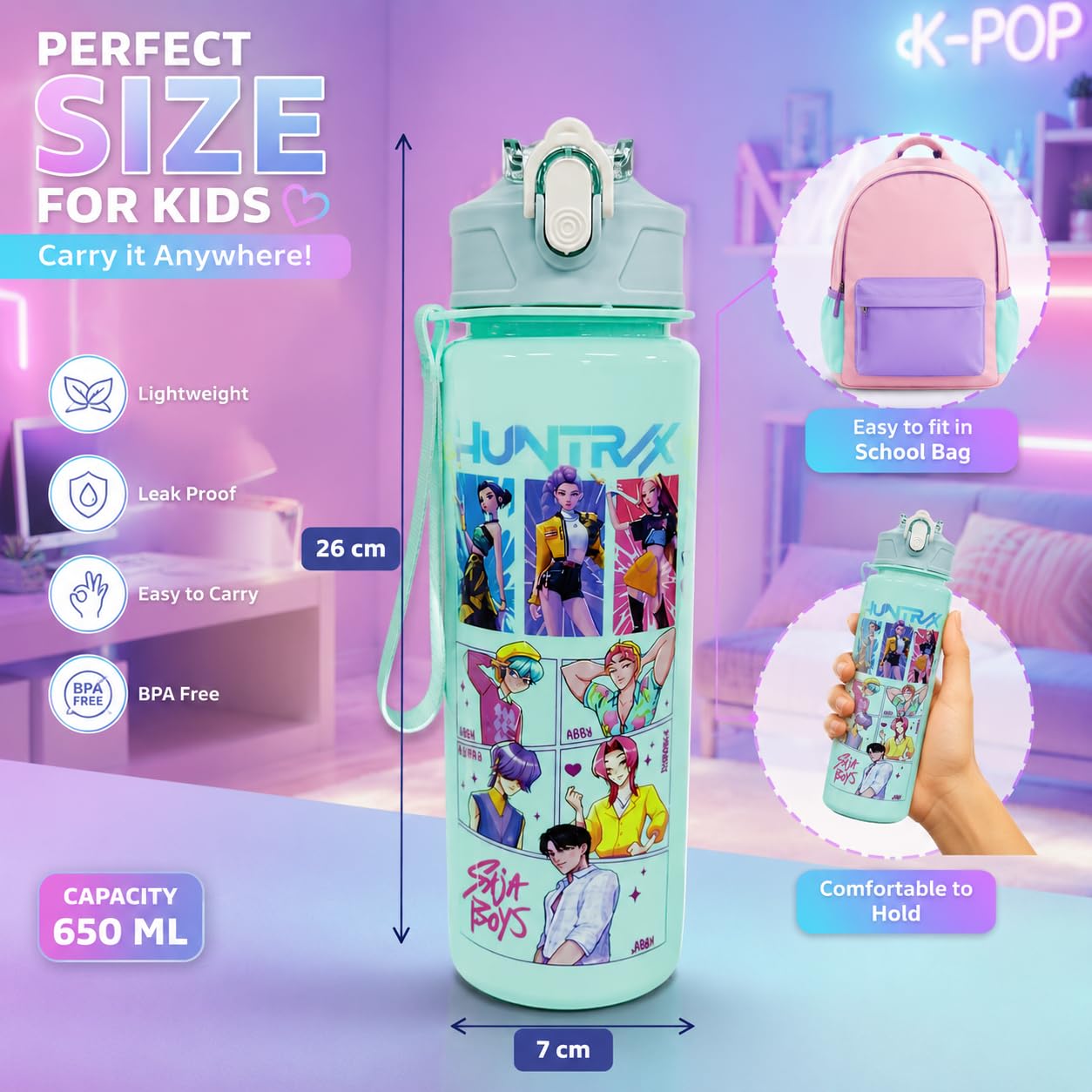 K Pop Demon Hunters Water Bottle for Kids 650ML | Leakproof BPA Free Flip Straw Bottle with Carry Strap | Cute Anime School Water Bottle